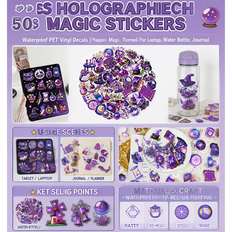 50 Pcs Magic Goth Stickers Waterproof Purple for Journals | Clear PET decals with mystical purple magic designs. Perfect for laptops, phone cases, journals, and DIY personalization. - style: Goth Stickers