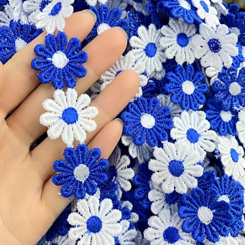 15 Yards Daisy Flower Lace Trim Embroidered Floral Lace Sewing Trim Ribbons for Embellishment Craft Dress Hair Accessories Decorations (White+Royal Blue, 1" x 15 Yards) - color: White+Royal Blue