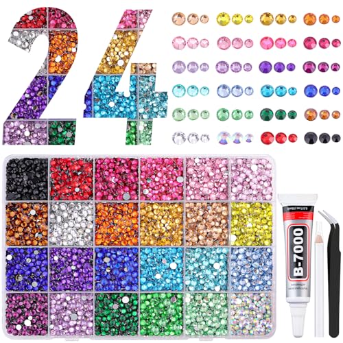 Resin Rhinestones for Bedazzling with Tweezers, 12000Pcs Multicolor 3/4/5mm Rhinestones for Crafting with B7000 Jewelry Glue for DIY Crafts Clothing Tumblers Shoes Fabric Nail Art - color: 24 Colors Resin| 3/4/5mm, size: Large Pack with Glue