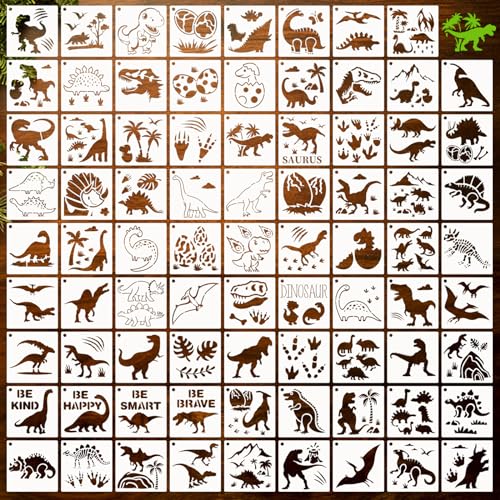 80 Pcs 5 x 5 Inch Stencils for Painting on Wood, Reusable Dinosaur Animal Mountain Plastic Stencils DIY Craft Paint Template Set for Wall Card Rock Home Decor - style: Dinosaur