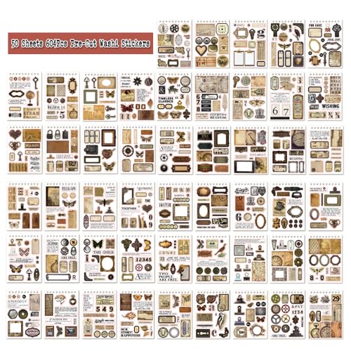 50 Sheets Precut Dark Academia Washi Stickers Book for Journaling, 604PCS Vintage Scrapbook Stickers, Ephemera for Junk Journal Supplies, Scrapbooking, Bujo, Collage, Adults Crafts Arts - color: Retro Time