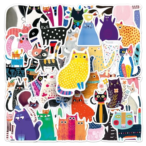 50 PCS Illustrated Cat Stickers, Waterproof Vinyl Cartoon Illustration Cat Decals for Laptop, Luggage, Skateboard, Phone, Fridge, Trendy Stickers for Teens, Adults, Boys and Girls (cat) - color: Cat
