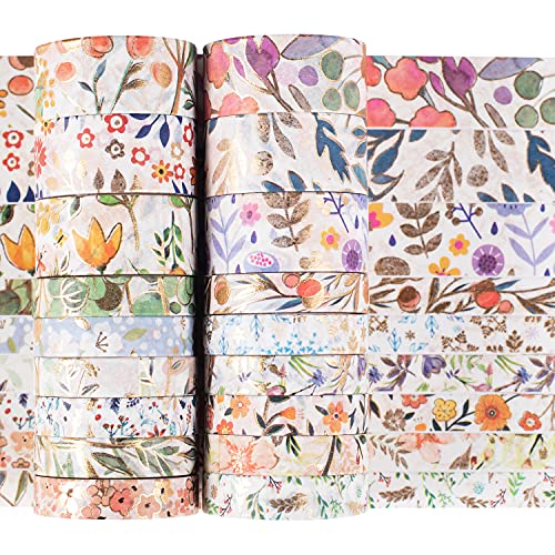 18 Rolls Floral Gold Washi Tape Set VSCO Foil Masking Decorative for Arts, DIY Crafts, Journal Supplies, Planners, Scrapbook, Card/Gift Wrapping 8/15mm Wide (Flowers)