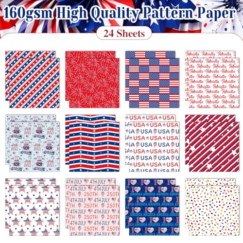Konsait 24 Sheets Patriotic Double Sided Scrapbook Paper 12x12 Red White Blue 4th of July Pattern Paper with Stars & Stripes for Card Making, Junk Journaling, DIY Crafts and Holiday Decor