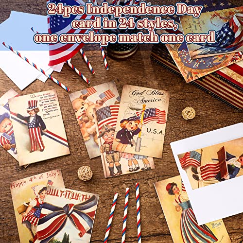 Glenmal 24 Sets Retro 4th of July Postcards Patriotic Cards with Envelopes 4 x 6 Inches 250th Anniversary Independence Day Greeting Cards for Party Favors Adult Gift