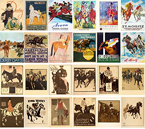 PIXILUV Vintage PostCards 24 pcs Horse Races Derby Equestrian Vintage Show Posters Art Deco - color: Twenty
