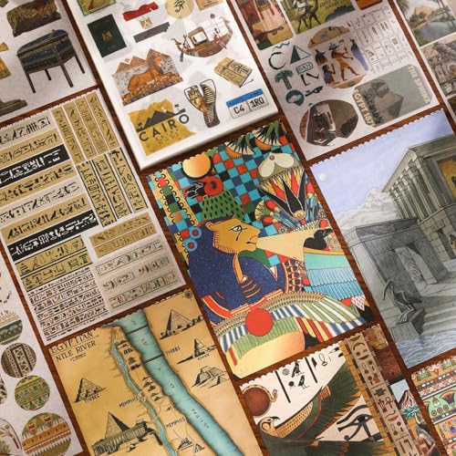 Pre-Cut Vintage Stickers for Journaling, 500+ Scrapbook Stickers and 20 A5 Scrapbook Papers, Retro Egypt Theme Aesthetic Washi Sticker Book for Adults, Ephemera for Junk Journal Supplies DIY Crafts - color: Ancient Egypt