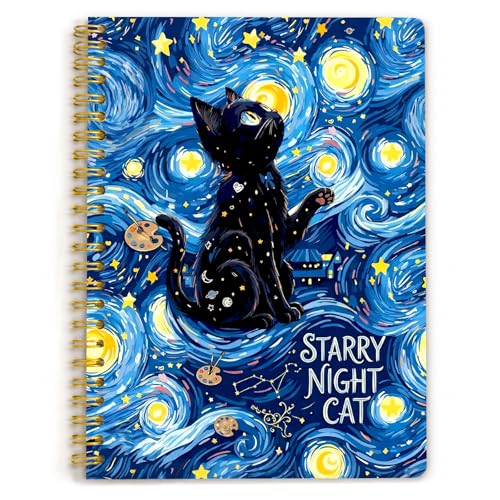 A5 Starry Night Black Cat Journal Notebook Lined Spiral Bound Notes - color: Black Cat