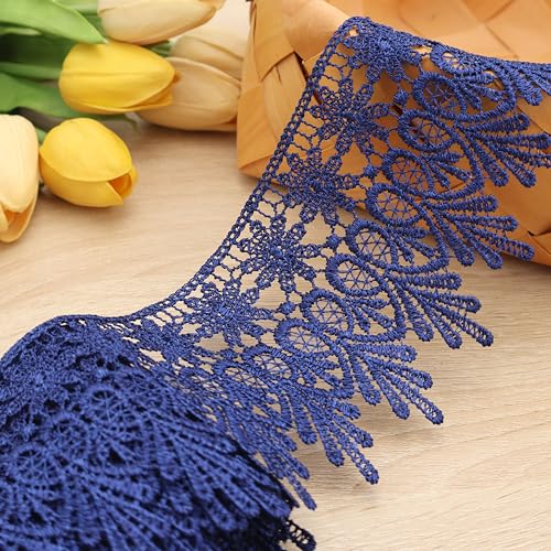 GXTIZAS Navy Blue Lace Ribbon 3.2Inch Wide Lace Trim for Sewing | scalloped embroidery for vintage weddings, costumes, pillows, curtains, gift décor and romantic DIY creations Crafts - color: Navy Blue