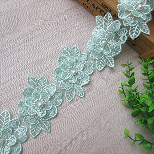 2 Yards 3D Flower Lace Trim Pearl Embroidered Polyester Lace Ribbon Fabric Applique Patchwork for Wedding Dress Handmade DIY Sewing Craft Supplies Decoration (Green) - color: Green