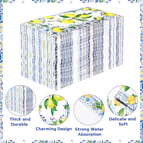 100Pcs Lemons Paper Napkins 3Ply Blue Tile Pattern Italian Bathroom Napkins - style: 100Pcs Lemons Napkins