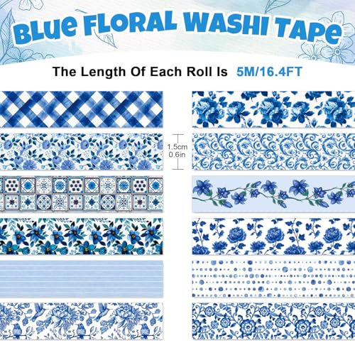 Whaline 12 Rolls Blue Floral Washi Tape Chinoiserie Masking Tape Set Toile Flower Leaves Plaid Striped Dots Decorative Wrapping Paper Tapes Boxed for Scrapbook Journal DIY Crafts - style: Blue Floral
