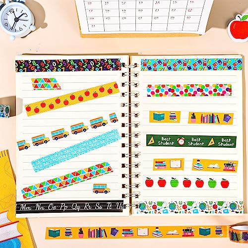 Whaline 12 Rolls Back to School Washi Tape First Day of School Colorful Washi Masking Tape Apples Book School Bus Decorative Paper Adhesive Stickers for Scrapbook Gift Wrapping DIY Art Crafts, 16.4Ft - style: Style 2