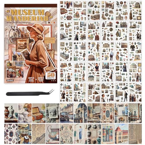 Vintage washi Stickers, Pre-Cut Ephemera Sticker Book for Journaling with 500 Scrapbook Stickers and 20 Scrapbook Papers, Aesthetic Junk Journal Supplies for Adults DIY Art Paper Crafts Collage - color: Museum Wandering