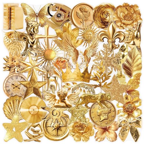 50 Pcs Gold Foil Stickers Waterproof Aesthetic for Planners | Clear vinyl decals with no-repeat vintage designs. Perfect for water bottles, laptops, phone cases, journals, gift DIY - style: Gold Metallic