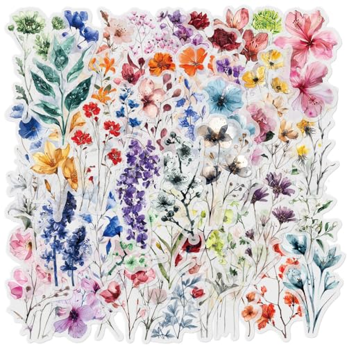 50-Pack Transparent Waterproof Watercolor Wildflower Flower Scrapbook Stickers – Vibrant Nature Floral Decals for Card, Journals, Resin Art Project - color: Watercolor Flower
