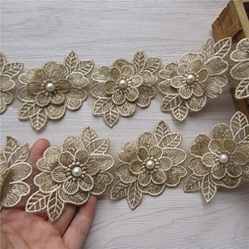 2 Yards 3D Flower Lace Trim Pearl Embroidered Polyester Lace Ribbon Fabric Applique Patchwork for Wedding Dress Handmade DIY Sewing Craft Supplies Decoration (Gold) - color: Gold