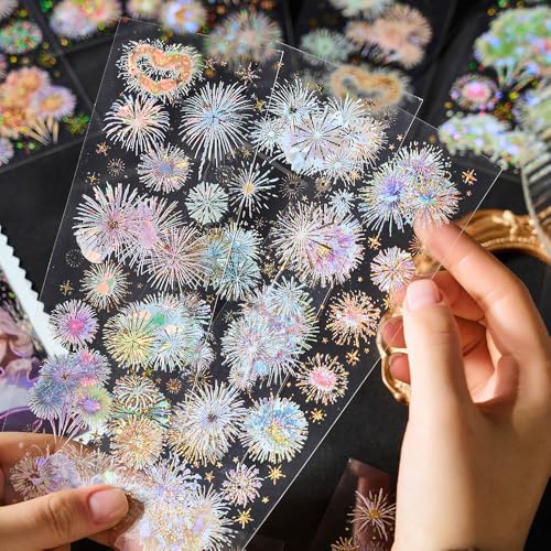12 Sheets Fireworks Landscape Stickers for Scrapbooking Scrapbook Stickers Aesthetic Glitter Sticker Sets PET Transparent Sticker for Journaling Journal Supplies Decals for Scarp Booking Supples Kit