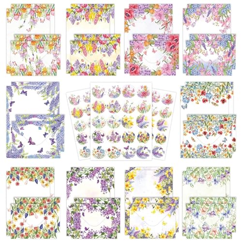 160 Pcs Stationery Paper Envelopes Set | Includes 50 Writing Paper & 50 Envelopes & 60 Stickers, Lovely Floral Letter Writing Stationery Paper Envelopes(10Style) - color: Wildflower 1