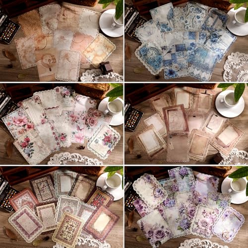 66 Sheets Lace Edged Scrapbook Paper Set, 6 Packs Vintage Decorative Paper Scrapbooking Supplies for Letter Writing Background Stationery Ephemera for Junk Journaling, DIY Art Collage 4.9x6.9 IN - color: Vintage Lace 6 Theme