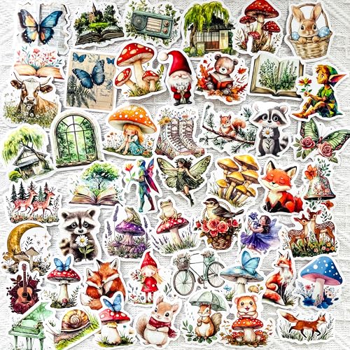 50-Piece Fantasy Woodland Sticker Set – Dreamy Forest Animals, Mushrooms, Fairies, Nature Decals for Scrapbooking, Journaling, Laptops, Water Bottles - color: Fantasy Woodland