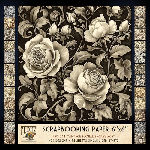 FLONZ Scrapbook Paper (24 sheets 6"x6") Vintage Floral Engravings ~ Detailed monochrome flower compositions in retro botanical engraving style, rendered through digital etching and stippling