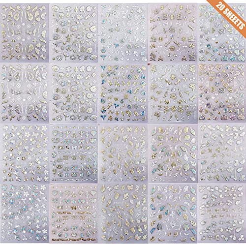 20 Sheet 5D Embossed Nail Art Stickers,Luxury Gold Silver Nail Decals Self-Adhesive Metallic Leaves Flower Butterfly French Nail Stripe Line Stickers for Women Salon Home DIY Nail Supplies - color: 20 Sheets Gold Silver Nail Stickers