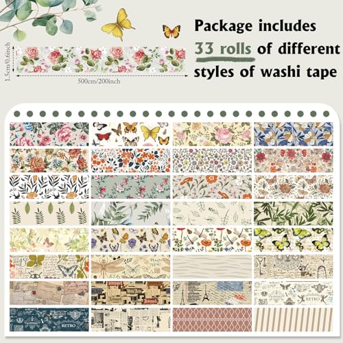 TaoBary 33 Rolls Washi Tape Set, 15mm Holiday Seasonal,Vintage Style - style: Vintage Style