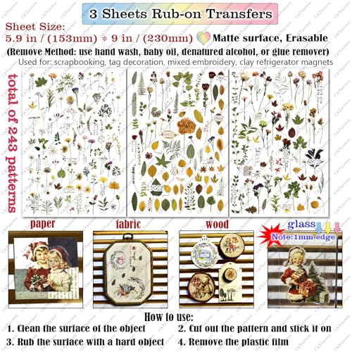 CATaireen Rub on Transfers for Crafts Vintage Scrapbooking Stickers Small Decals Adults Journaling DIY Supplies Use for Fabric Paper Wood Stone Canvas Acrylic Cloth (Dried Flower) - style: Dried Flower