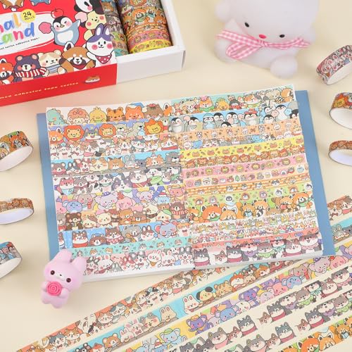 24 Rolls Colorful Cute Cartoon Animal Writable Washi Tape Set, Decorative Tapes for Scrapbooking and Journaling, Junk Journal Supplies, Bullet Journaling for Women Girl 8-15mm Wide 9.84ft Long/Roll - color: Cartoon Animal