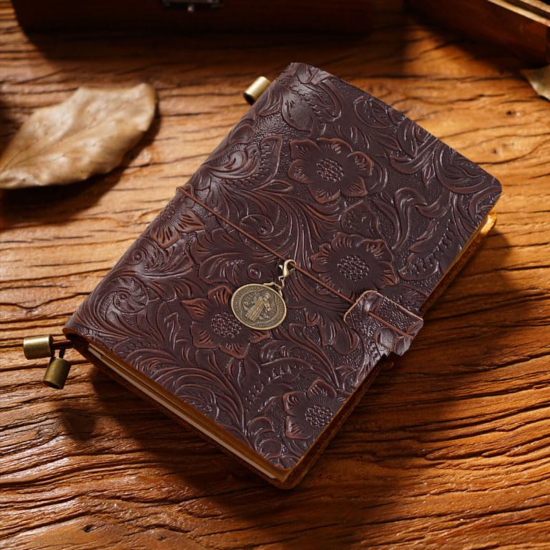 Leather Journal Notebook, Refillable Travelers Notebook, Vintage Tooled Floral Embossed Leather Cover with 3 Inserts (Blank, Lined, Grid Paper), Card Holder & Charm, 6.8”x4.3”, Brown