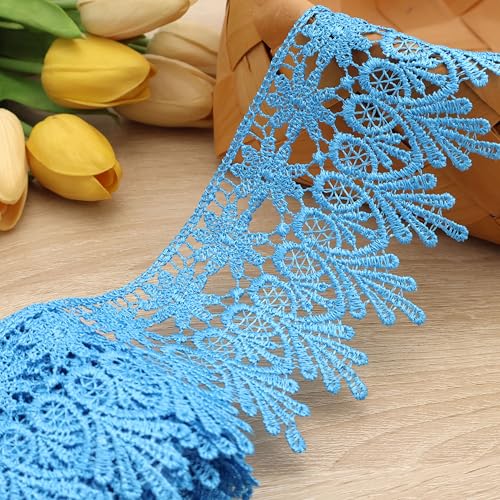 GXTIZAS Blue Lace Ribbon 3.2Inch Wide Lace Trim for Sewing | scalloped embroidery for vintage weddings, costumes, pillows, curtains, gift décor and romantic DIY creations Crafts - color: Blue
