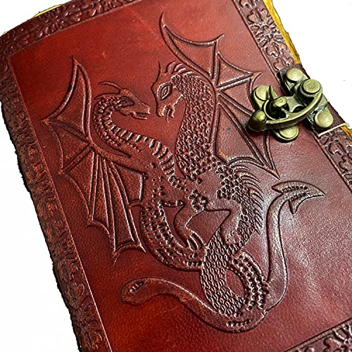 AzureGreen DOUBLE DRAGON Blank Page BOOK Handcrafted Leather Writing Unlined 5 x 7 JOURNAL (Vintage Brown) - color: Vintage Brown