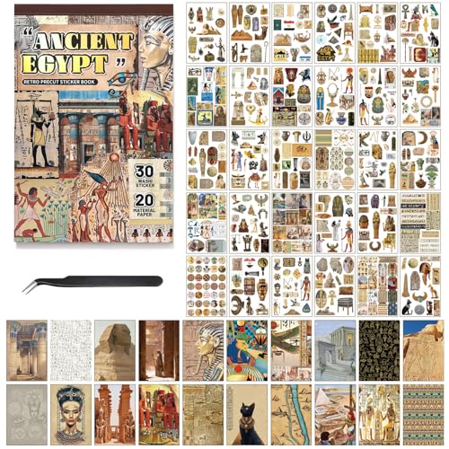 Pre-Cut Vintage Stickers for Journaling, 500+ Scrapbook Stickers and 20 A5 Scrapbook Papers, Retro Egypt Theme Aesthetic Washi Sticker Book for Adults, Ephemera for Junk Journal Supplies DIY Crafts - color: Ancient Egypt