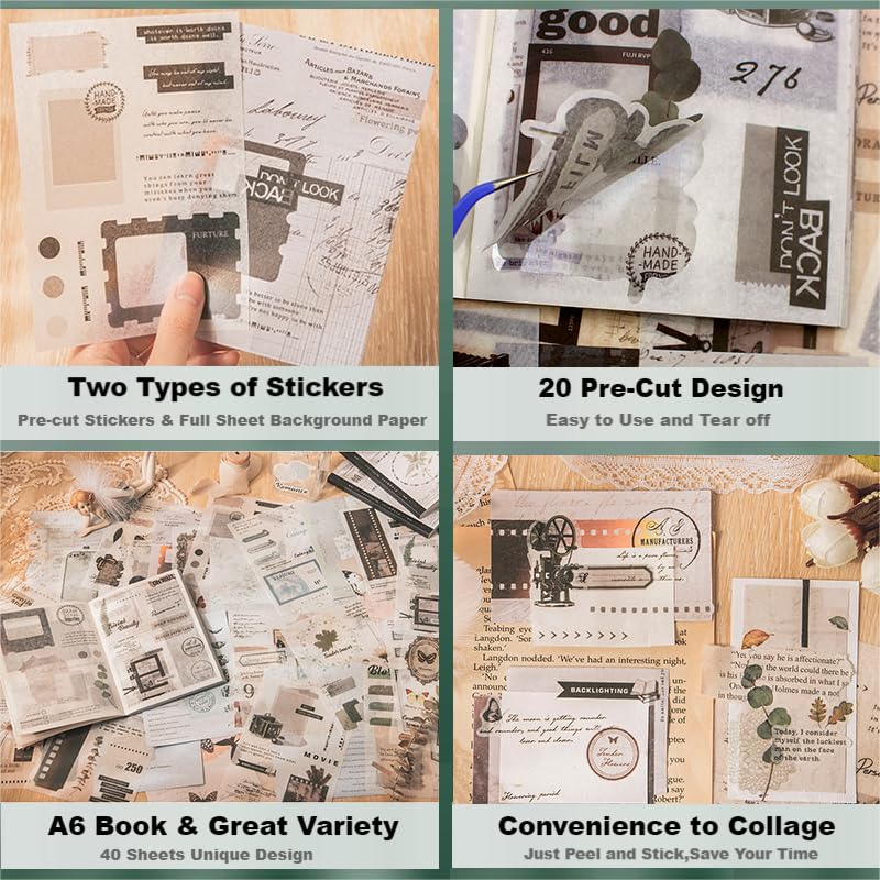A6 Vintage Film Washi Sticker Book for Journaling, 40 Sheets - color: Black Film Theme