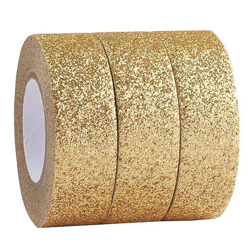 GORGECRAFT 3 Rolls 16.4 Yard x 0.6 Inch Glitter Adhesive Tape Foil Masking Tapes Gold Washi Paper Stick for DIY Scrapbook Decorative Adhesive Tapes Craft and Gifts - color: Gold