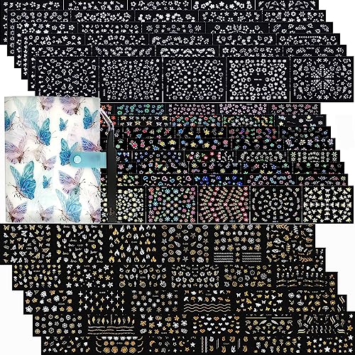 102 Sheets Nail Art Stickers & Storage Book,5200 Pieces 3D Self-Adhesive White Floral Nail Stickers with Rhinestones Designs,Multicolor Laser Gold Nail Decals for Women DIY Manicure Decorations - color: 102 Sheets Nail Stickers&storage Book Set
