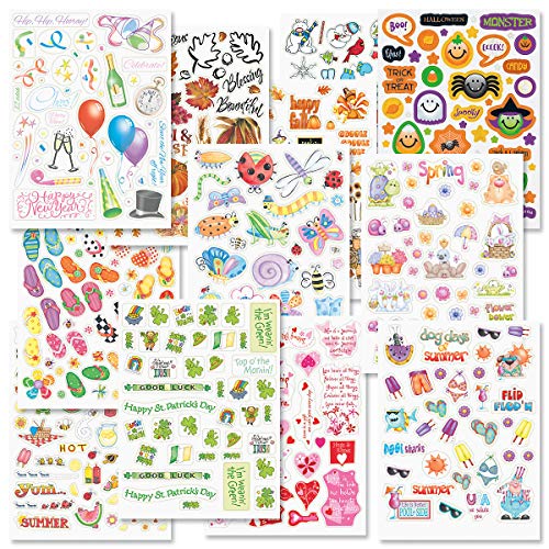 Current Year-Round Themed Sticker Variety Pack - 12 Sheets, 178 Assorted Stickers for Kids, Teachers, School, Scrapbooking, Journals, Monthly Planners, Calendars, Holiday Crafts & Greeting Cards - color: Year-round Pack