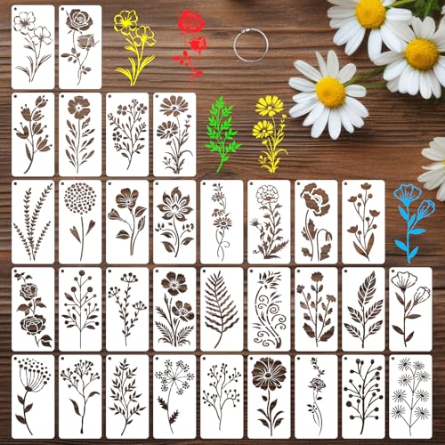 32 Pcs Wildflower Stencils for Painting on Wood, Reusable Flower Leaf Stencils Plastic DIY Craft Drawing Templates Set for Wall Paper Canvas Home Decor