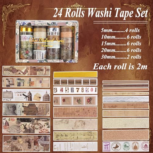Washi Tape Set, 24 Rolls Vintage Washi Stickers, Assorted Sizes, for Junk Journal Scrapbook Tape, Bullet Journaling Scrapbooking Supplies, Planner Sticker DIY Craft DéCor (Brown) - color: Brown