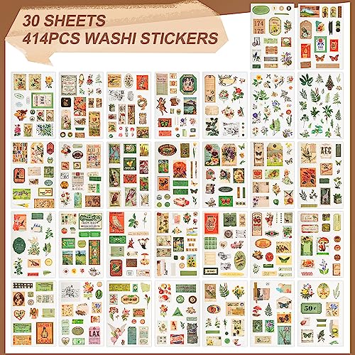Vintage Washi Stickers for Scrapbooking, Aesthetic Sticker Book for Journaling with 30 Sheets Scrapbook Stickers and 20 Sheets Scrapbook Papers for Bullet Junk Journals Set for Adults with Tweezers - color: Poetry of Forest