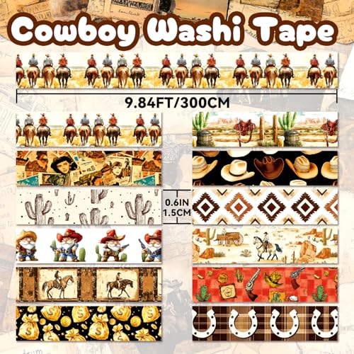 12 Rolls Washi Tape Set, Western Cowboy Themed Decorative Tape Vintage Desert Masking Tape for Journaling Supplies, Junk Journal, Scrapbooking, DIY Arts & Crafts Supplies