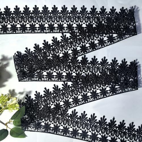 (Black Floral Lace Trim -15 Yards, 9cm Wide | Wedding Dress Embellishment, Gift Packaging, Party Decor | DIY Sewing & Craft Supplies - color: Flat-Edged Black, size: 15Yard