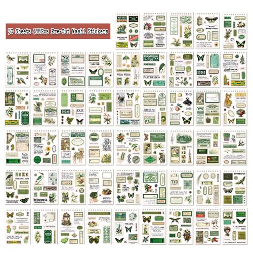 488PCS Vintage Scrapbook Stickers, 50 Sheets Precut Washi Stickers Book for Journaling, Green Ephemera for Junk Journal Supplies, Scrapbooking, Bujo, Collage, Adults Crafts Arts - color: Green Mountains