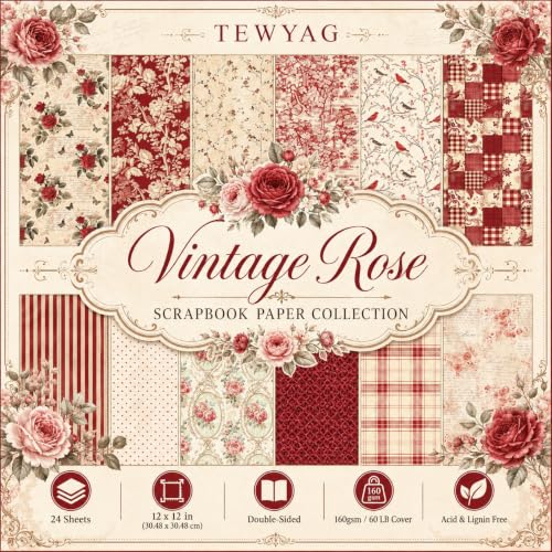 12x12 Scrapbook Paper & Scrapbooking Supplies, Vintage Red Double-Sided Patterned Cardstock Pad, Decorative Craft Sheets for Junk Journal & Photo Album, 24 Sheets - color: Vintage Red