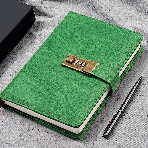 WEMATE Diary with Lock, A5 PU Leather Journal with Lock 240 Pages Green | Vintage Lock Journal Password Notebook with Pen & Gift Box, Lock Diary Planner Organizer for Men and Women, 8.6x5.8in - color: Grass Green