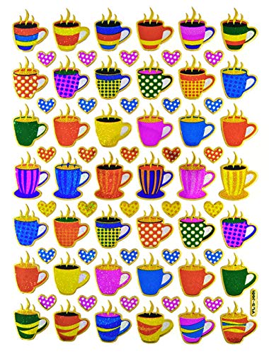 Coffee Tea Cup Waterproof Self-Adhesive Metallic Foil Decorative Scrapbook Sticker, Nice Size for Day Planner, Homemade Calendar, Journal, Letters, and Cards. (420 Stickers) (ST-10-COFFEE)