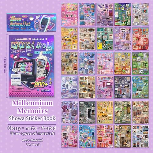 800+ Japanese Sticker Book - Vintage Aesthetic Stickers for Journaling, Scrapbooking | Glossy, Matte, Frosted Textures | Adult Craft Gift-Prayer Board Supplies-Vision Board Supplies - color: Showa-era