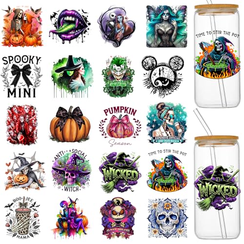 Halloween UV DTF Cup Wraps for 16 oz, 20 Sheets UV DTF Stickers, Uvdtf Cup Wraps, Cold Transfer Stickers for Tumblers, Glass Cups, Rub on Transfers for Crafts, Vinyl Decals for Mugs Coffee - style: Halloween-02