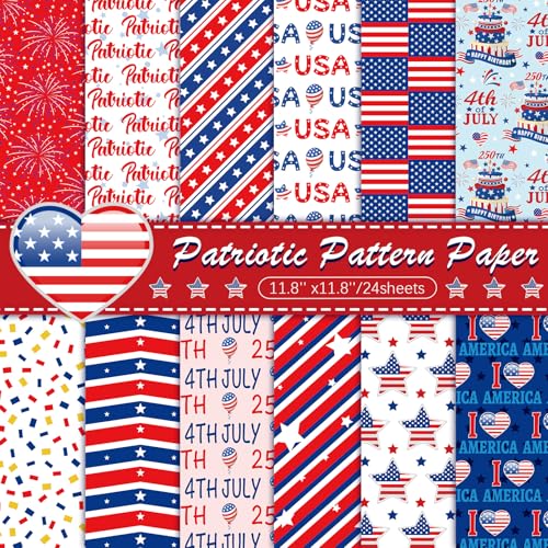 Konsait 24 Sheets Patriotic Double Sided Scrapbook Paper 12x12 Red White Blue 4th of July Pattern Paper with Stars & Stripes for Card Making, Junk Journaling, DIY Crafts and Holiday Decor